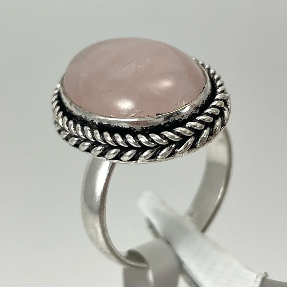 Beautiful Boho Pink Milky Quartz Silver Artisan Statement Ring Sz 8.5